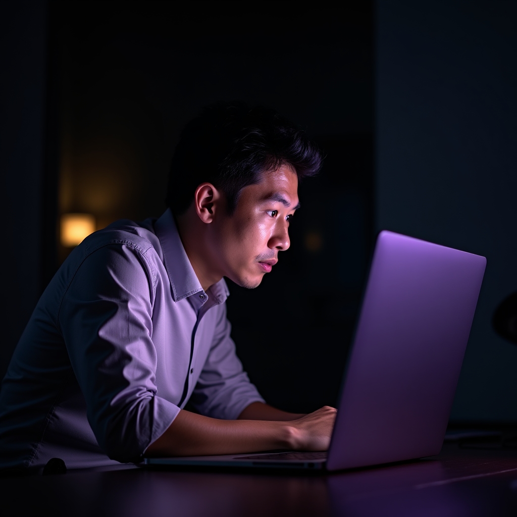 Data analyst noticing a recurring pattern on a laptop screen in a dim office