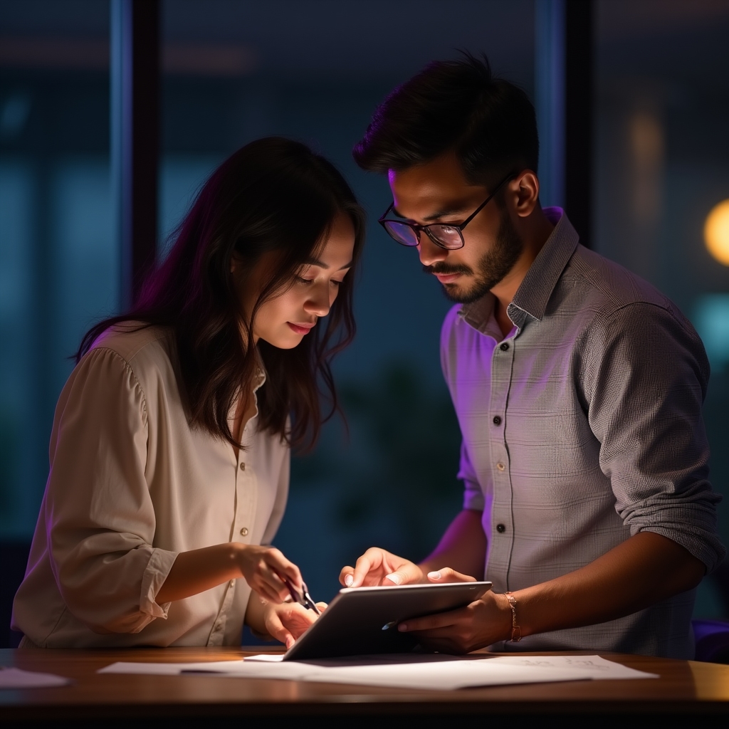 Two colleagues from different departments comparing notes over a shared document